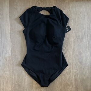 SPANX Black High Neck Short Sleeve One-Piece